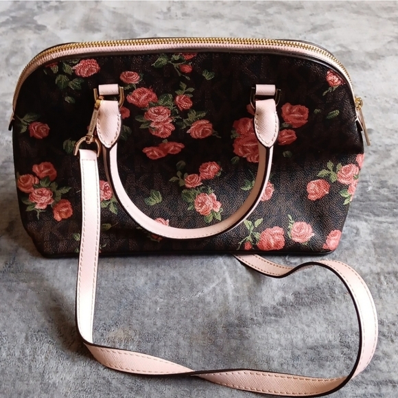 Brown & Pink Floral Michael Kors Handbag Purse, Roses Fall Floral - Picture 7 of 10